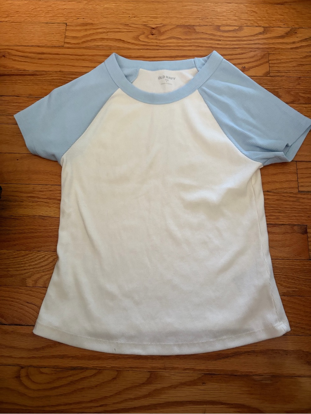 Old Navy White Tee with Light Blue Raglan Sleeves